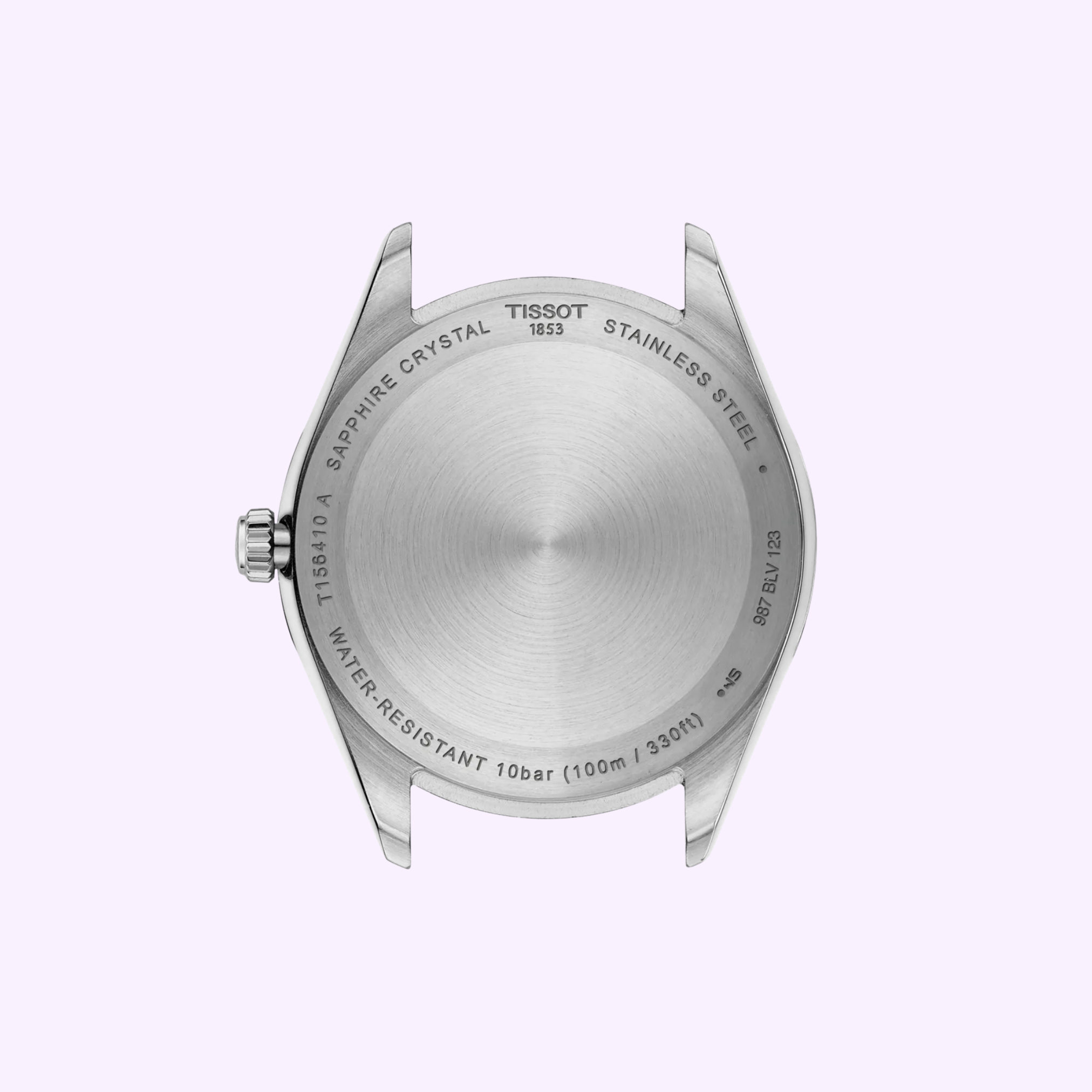 Back view of a Tissot Watches Ballade 40mm T1564101135100 case in silver, featuring engraved brand name, model number, scratch-resistant sapphire crystal, stainless steel, and water resistance, displayed on a light purple background.
