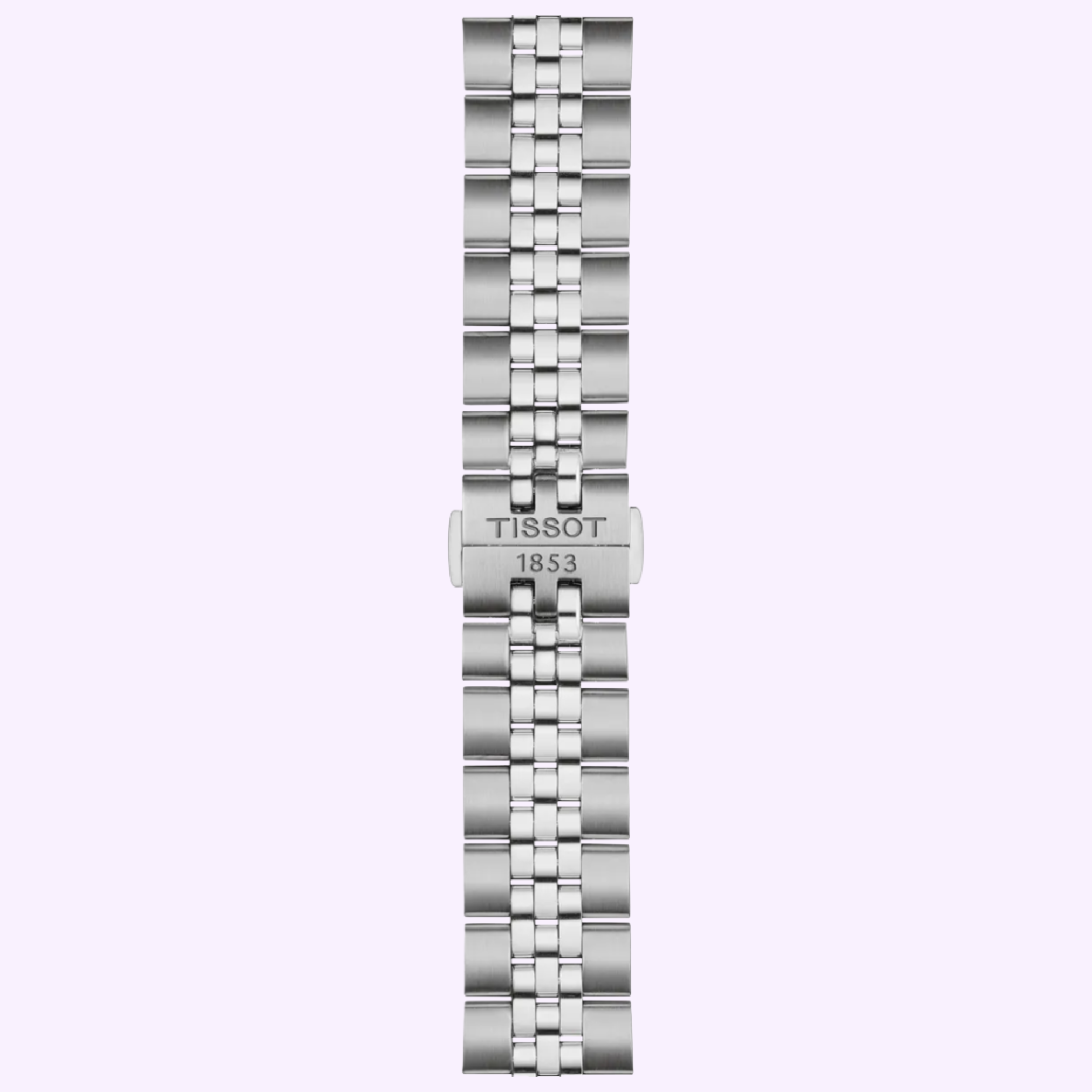 The Tissot Watches Ballade 40mm T1564101135100 features a silver metal band with polished and brushed links, a clasp engraved with TISSOT 1853, and showcases Swiss Quartz precision against a light purple background.