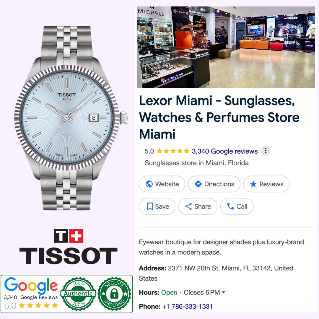 Advertisement for Tissot Watches Ballade 40mm T1564101135100 features a silver Swiss Quartz watch at Lexor Miami, with top Google ratings and interior images showing sunglasses and luxury products.