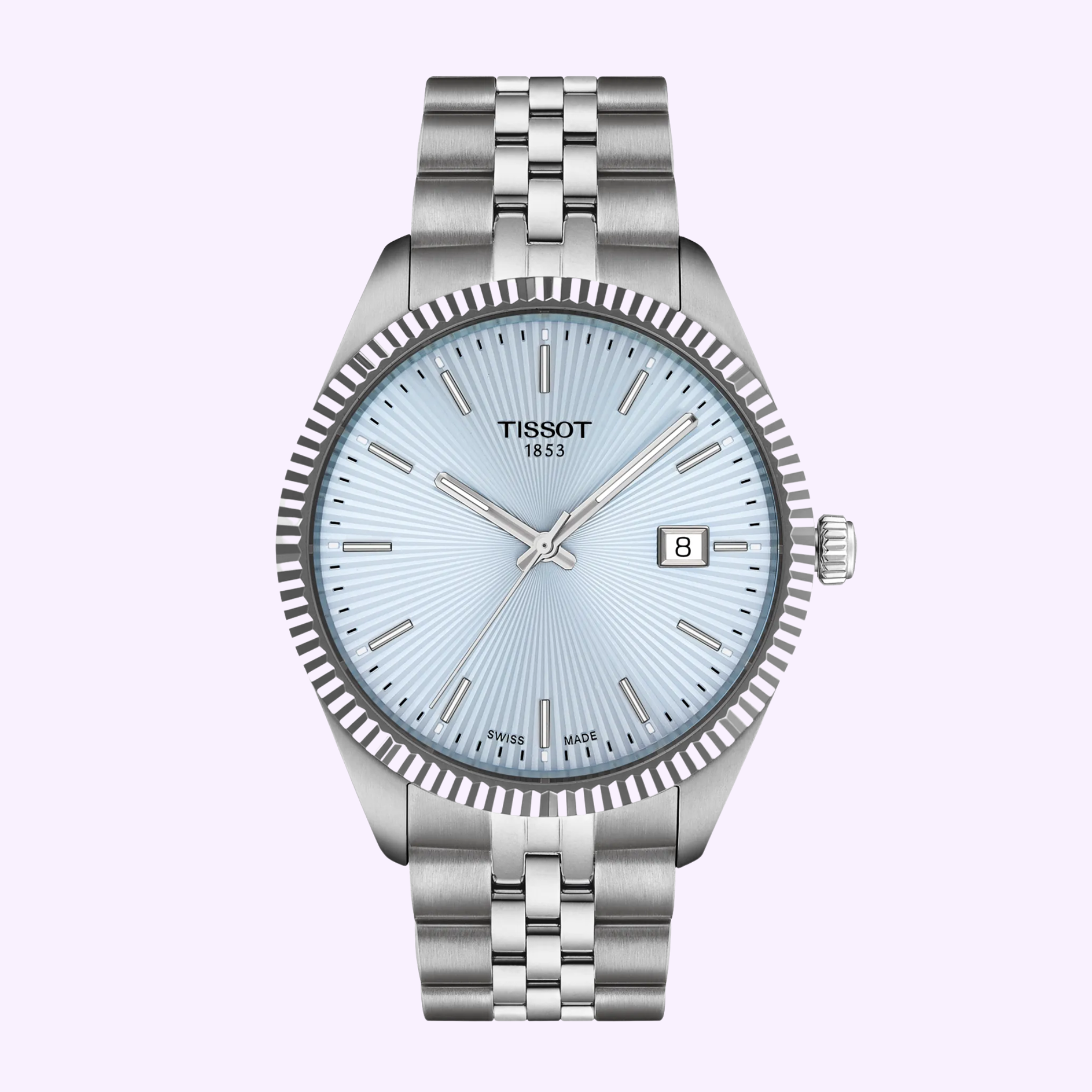 The Tissot Watches Ballade 40mm T1564101135100 features Swiss Quartz movement, a light blue textured dial with silver markers and hands, a date window at 3 o'clock, and a metal bracelet, shown on a pale purple background.