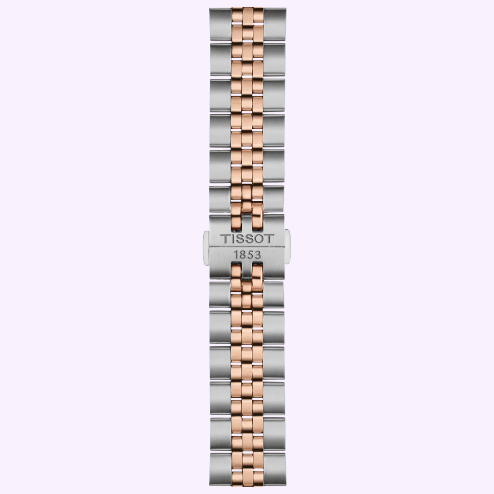 The Tissot Watches Ballade 40mm T1564102229101 features a two-tone band with alternating silver and rose gold PVD links, a rose gold center row, silver outer links, and a clasp engraved with TISSOT 1853. Background is light purple.