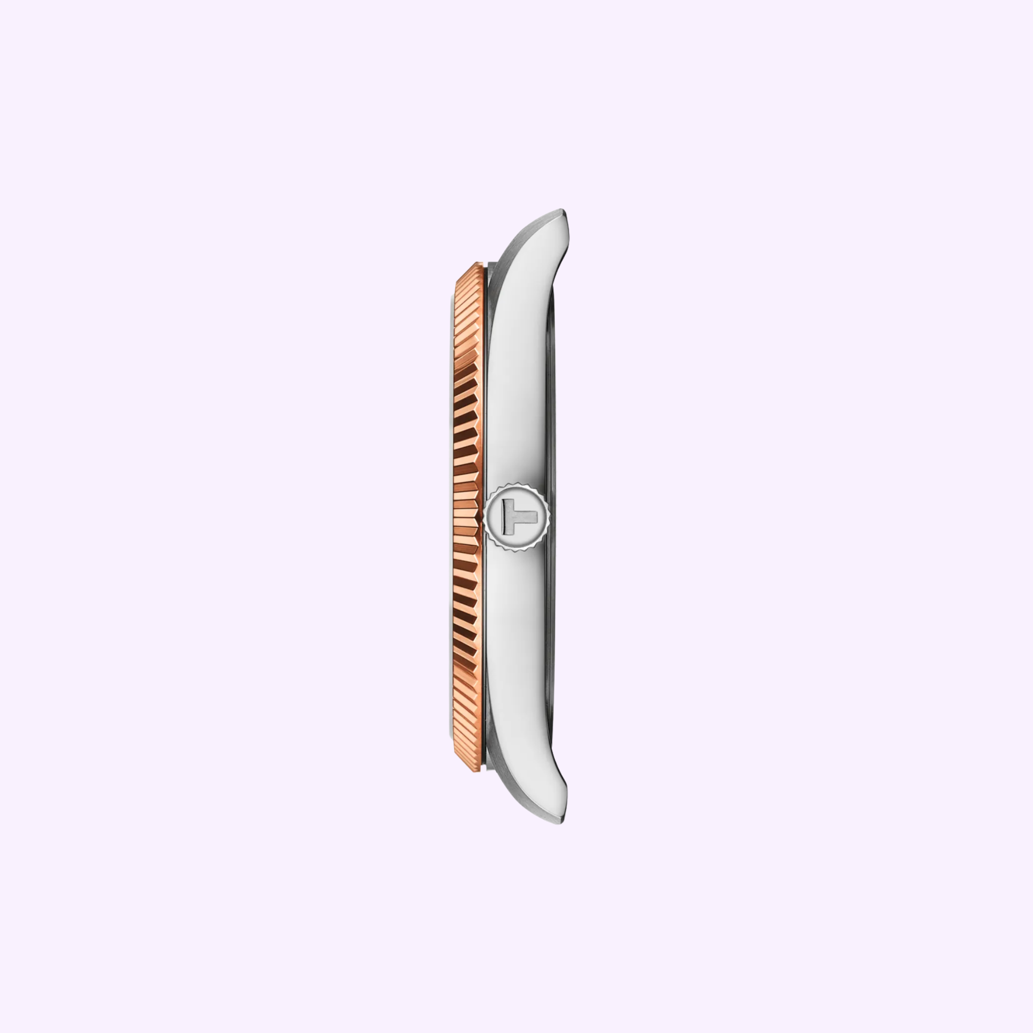 A side profile of the Tissot Watches Ballade 40mm T1564102229101, featuring a silver-colored case and a ridged rose gold PVD bezel, set against a light purple background.