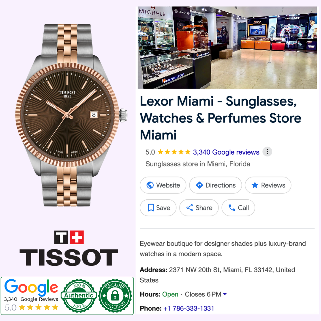 On the left is the Tissot Watches Ballade 40mm T1564102229101 with a two-tone metal band and rose gold PVD. On the right, Lexor Miami offers sunglasses, perfumes, and Swiss Quartz movement watches in a modern store.