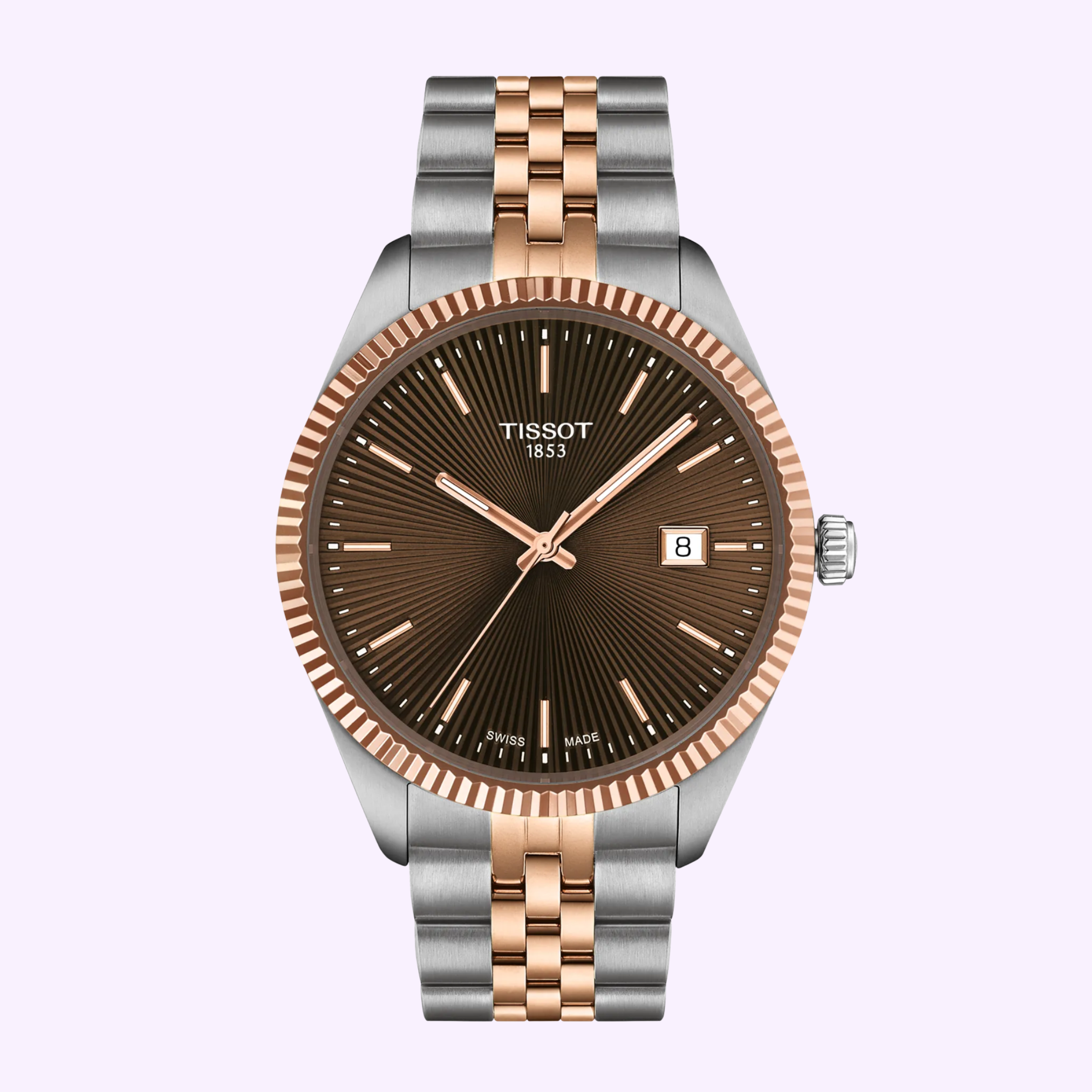 The Tissot Watches Ballade 40mm T1564102229101 features Swiss Quartz movement, a brown sunburst dial, silver and rose gold PVD two-tone bracelet, rose gold bezel, stick hour markers, date at 3 o’clock, and three hands.