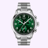 A stylish stainless steel wristwatch, the Tissot Watches Chrono L 42mm T1164171109200 features a green dial with three subdials, white hour markers, and a silver metal band. Crafted with a durable stainless steel case and proudly displaying “Tissot 1853” on the dial, this timepiece from Tissot Watches ensures precision timekeeping with its dependable Swiss Quartz movement.