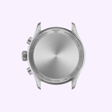 Back of a Tissot Watches Chrono L 42mm T1164171605201 stainless steel case displayed against a light background, showing engravings such as water resistance (10 bar/100m), Swiss Quartz chronograph, scratch-resistant sapphire crystal, and Tissot Watches branding. No watchband is attached.
