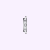 Side view of the Tissot Watches Classic Dream 28mm T1292101105300 women’s stainless steel watch by Tissot Watches, featuring a round case with two visible lugs and a single crown on the right, set against a light purple background.