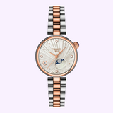 Tissot Watches Desir 29.6mm T1522232203600 watch with a round white textured dial, rose gold and silver-tone link bracelet, diamond hour markers, and a moon phase display.