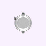 The back of a round stainless steel Tissot Watches Desir T1522231149300 watch case featuring engravings of the brand name, water resistance, and serial number.
