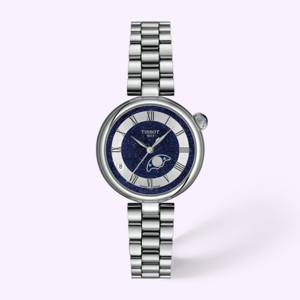 Tissot Desir Moonphase T152.223.11.493.00 watch with midnight blue dial and stainless steel bracelet