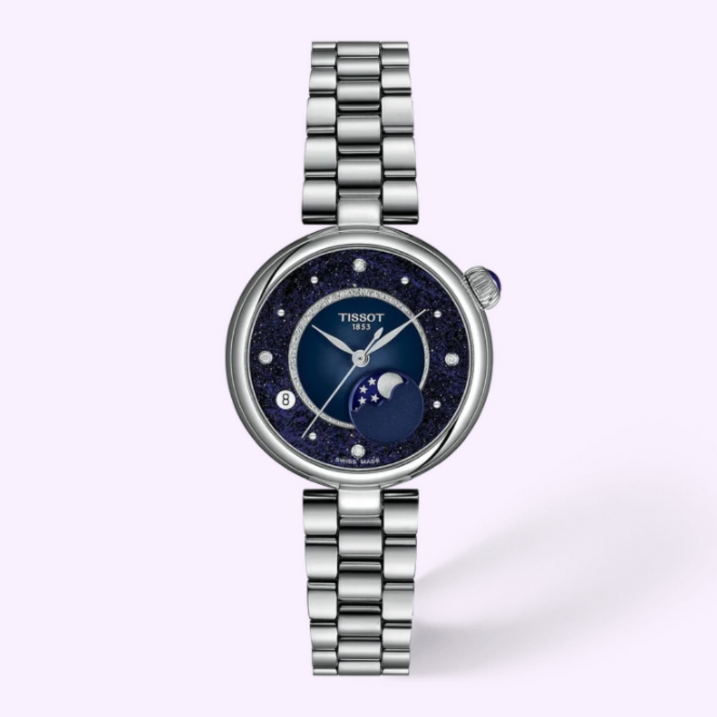 Tissot Desir Moonphase T152.223.11.496.00 watch with blue dial, diamond hour markers and stainless steel bracelet