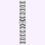 A silver Tissot Watches Gentleman 38mm stainless steel band with a deployment clasp, engraved with TISSOT and 1853, for model T1658071103100, displayed vertically on a light purple background.