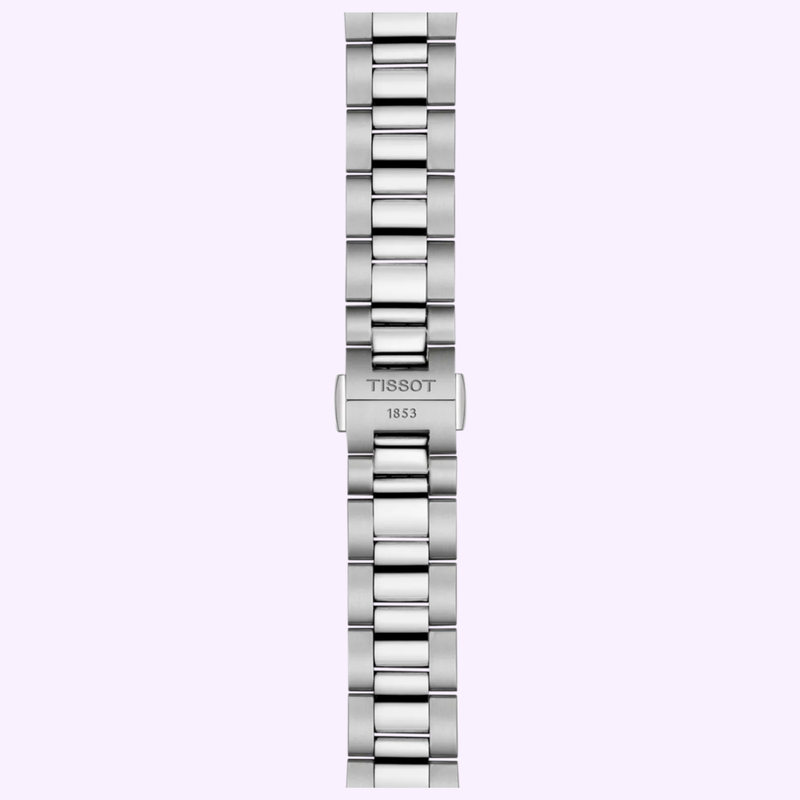 Silver stainless steel bracelet for the Tissot Gentleman 38mm T1658071104100 featuring a folding clasp engraved with Tissot 1853