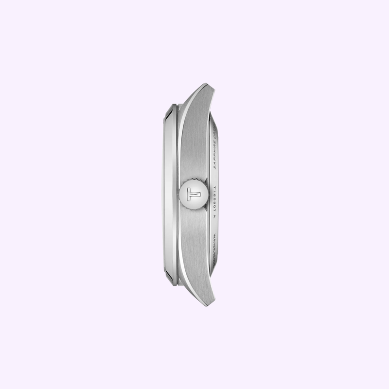 Side view of the Tissot Gentleman 38mm T1658071104100 silver wristwatch highlighting the metal case and logo-embossed crown