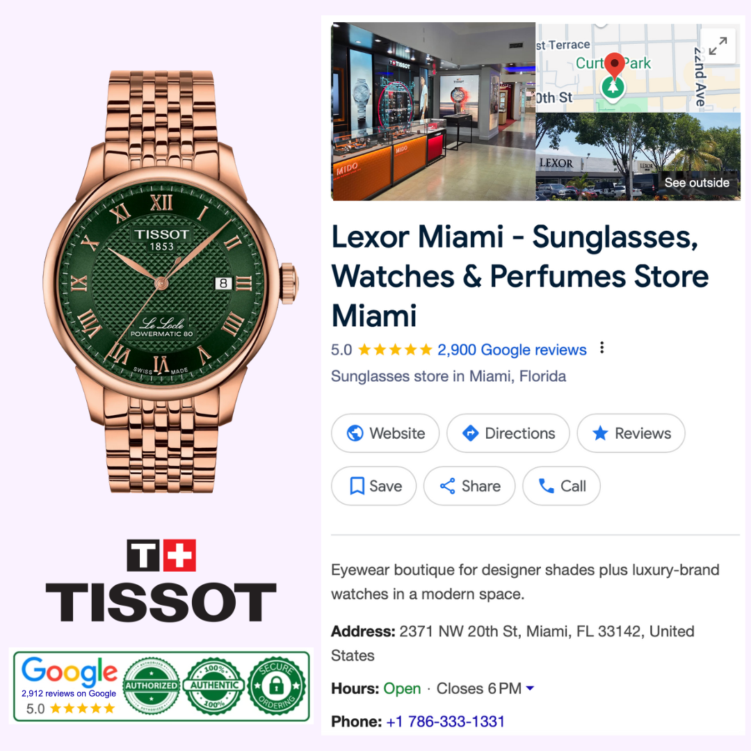 A Tissot Watches Le Locle 39.3mm T0064073309300 is displayed beside a Google Maps listing for Lexor Miami, a Miami store offering sunglasses, watches, and perfumes, with store details and contact information shown.