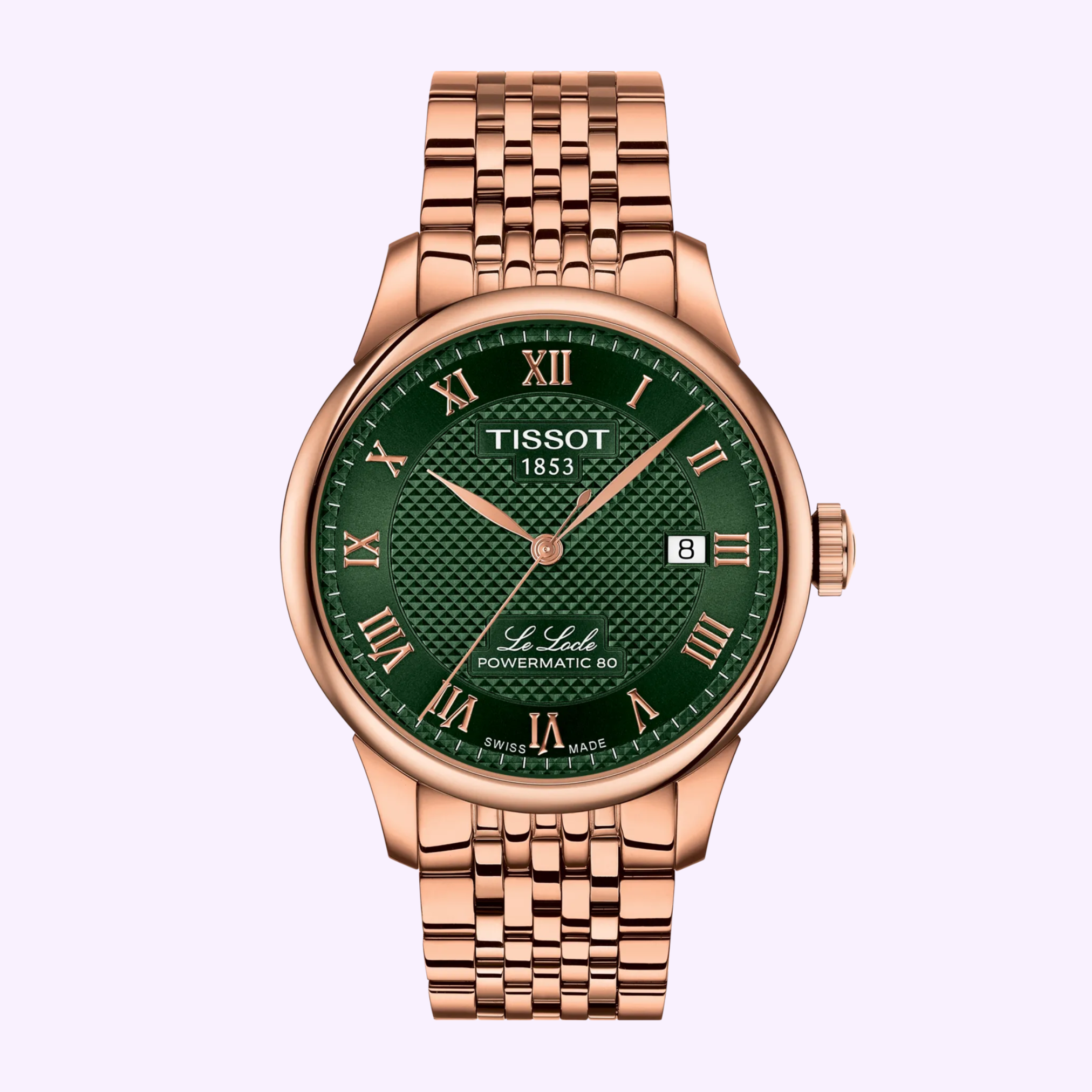 The Tissot Watches Le Locle 39.3mm T0064073309300 features a gold case, green dial with Roman numerals, date at 3 o'clock, metal link bracelet, and Tissot 1853 Le Locle Powermatic 80 branding.