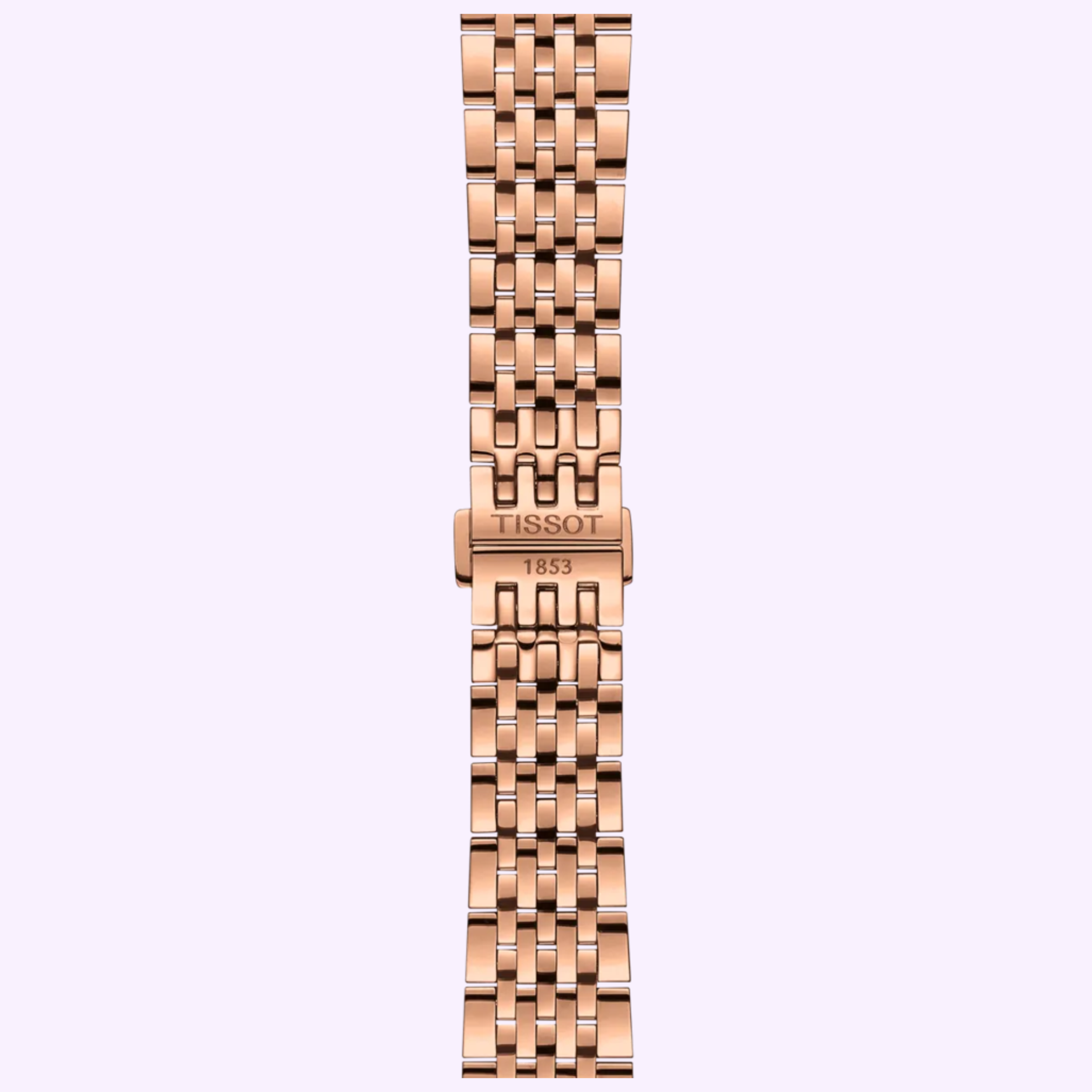 A rose gold metal strap with a clasp engraved 