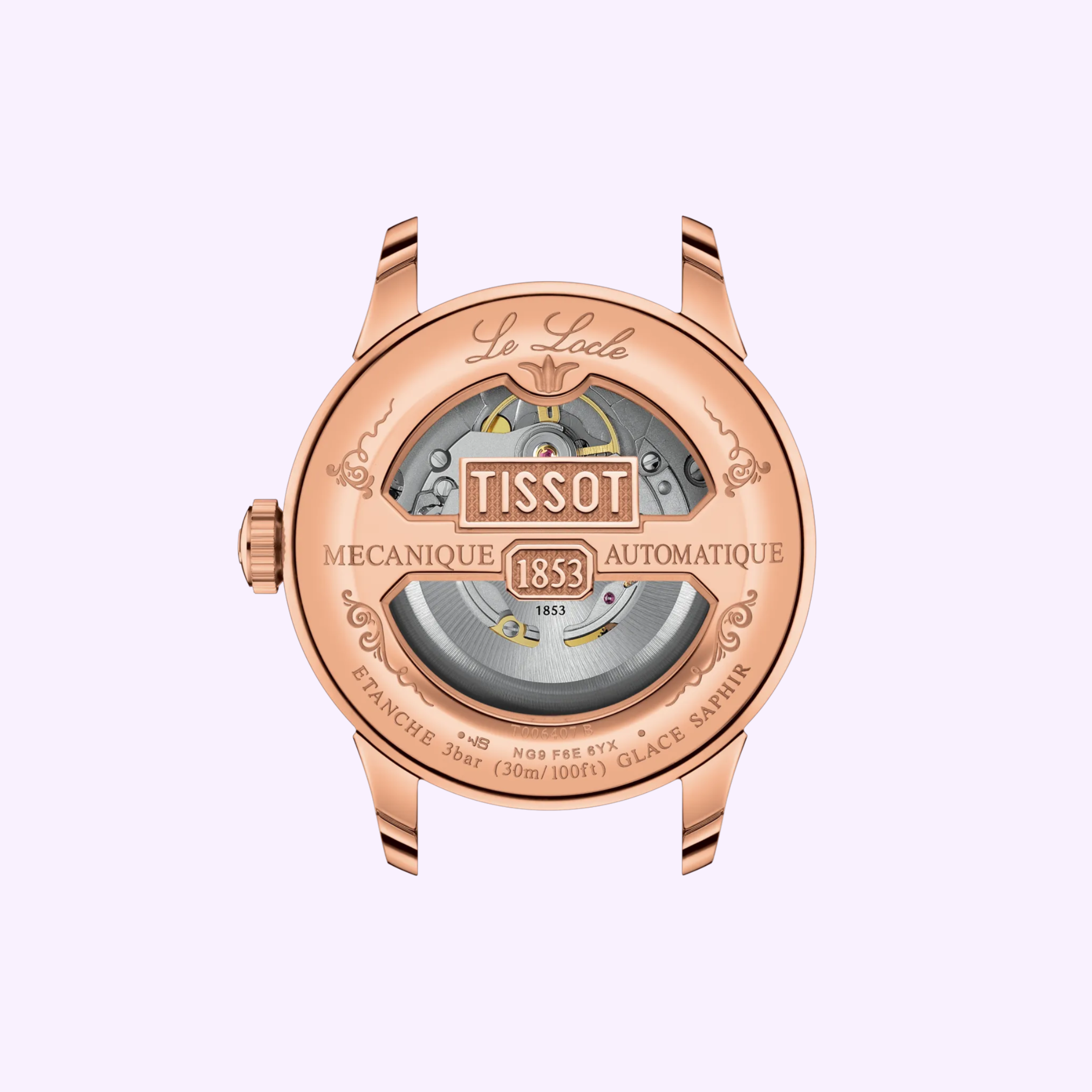 Back view of the Tissot Watches Le Locle 39.3mm T0064073309300, featuring a transparent case back that showcases its intricate movement and engraved details, set against a light pink background.