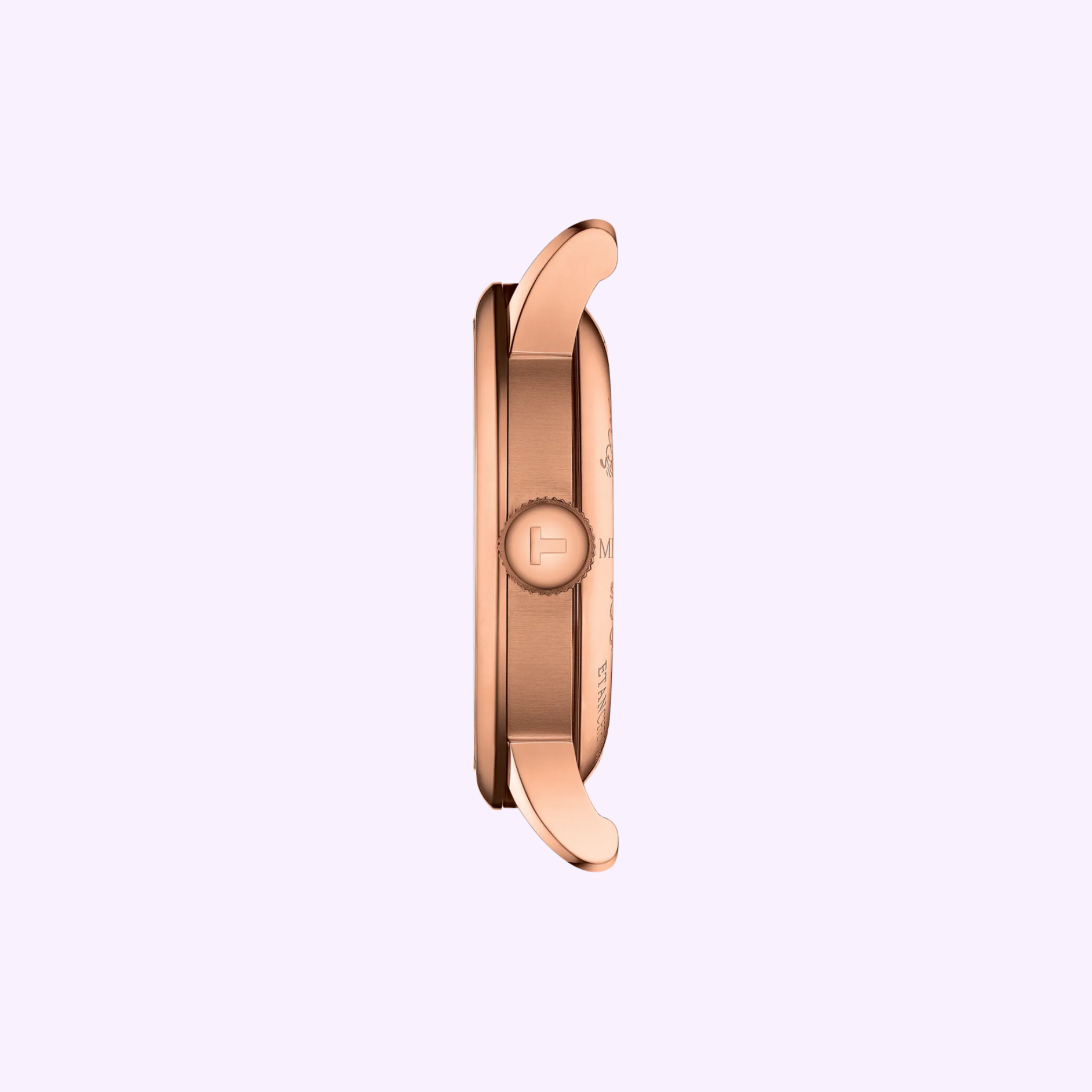 A side view of the Tissot Watches Le Locle 39.3mm T0064073309300 case in rose gold, with crown and curved lugs highlighted against a light purple background; no green dial, strap, or face is visible.