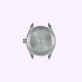 The back of a Tissot Watches PR 100 34mm T1502101103100 case displays engraved specifications—including Swiss quartz movement, sapphire crystal, stainless steel construction, water resistance to 100 meters, and model numbers—against a light purple background.