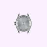 The back of a Tissot Watches PR 100 34mm T1502102103100 stainless steel case is shown, featuring engraved specifications such as water resistance, sapphire crystal, model number, and Swiss made. This Swiss Quartz watch case by Tissot Watches is displayed without any straps attached.