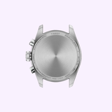 Rear view of the Tissot Watches PR 100 36mm (model T1502171111100) stainless steel case, featuring engraved details such as water resistance, sapphire crystal, and the Tissot Watches branding, with two pushers and a crown visible on the side, set against a light background.