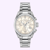 A Tissot Watches PR 100 36mm T1502171111100 by Tissot Watches, featuring a stainless steel band in silver and a white dial with three subdials and a date window, displayed on a light background.