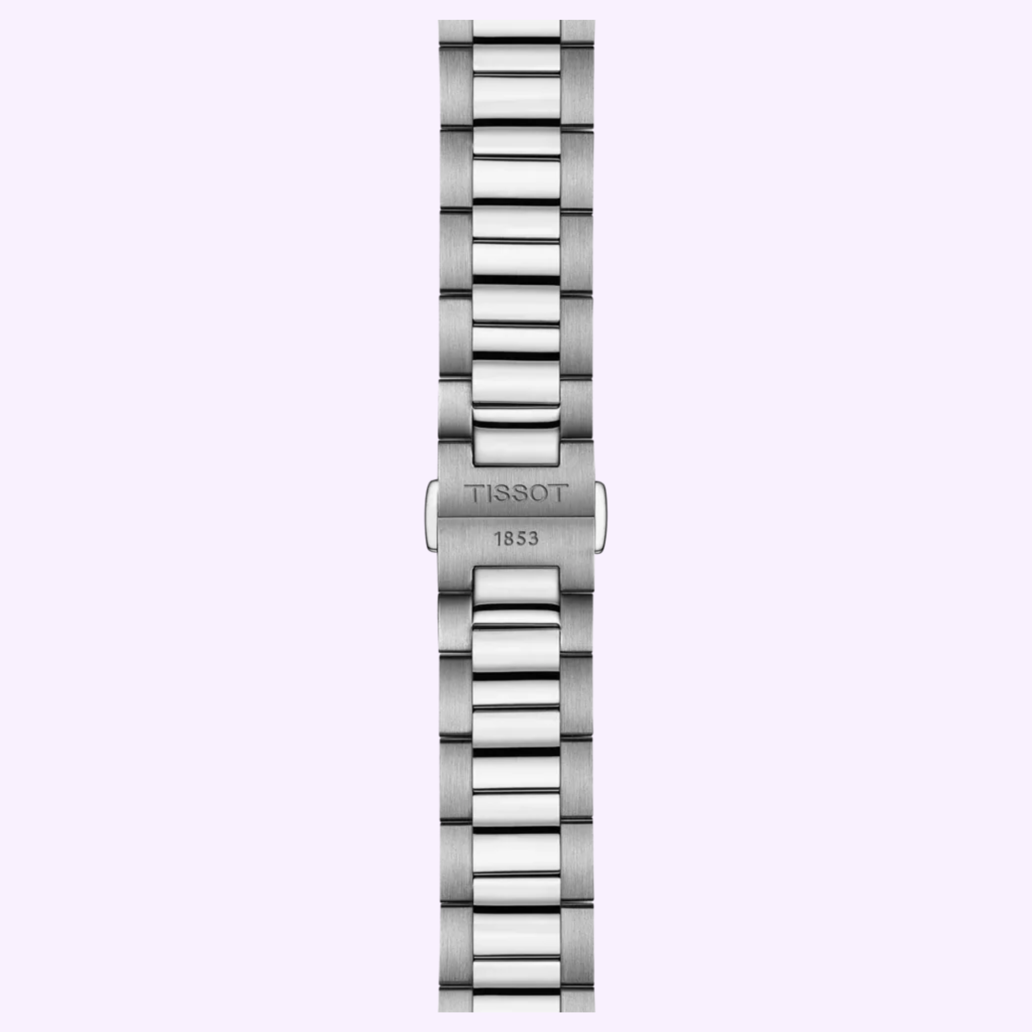 A stainless steel bracelet for the Tissot Watches PR 100 40mm T1504101108100, featuring a brushed and polished link design crafted from durable 316L stainless steel. The clasp showcases the Tissot Watches logo with “1853” engraved. This bracelet is designed specifically for the Tissot PR 100 model and is set against a light purple background.