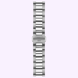 A stainless steel bracelet for the Tissot Watches PR 100 40mm T1504101108100, featuring a brushed and polished link design crafted from durable 316L stainless steel. The clasp showcases the Tissot Watches logo with “1853” engraved. This bracelet is designed specifically for the Tissot PR 100 model and is set against a light purple background.