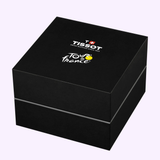 A black Tissot Watches box featuring the Tour de France logo on the lid is set against a light purple background—an elegant showcase for your Tissot Watches PR 100 Tour de France 2026 40mm (T1504173705700), celebrated for its precise Swiss Quartz movement.