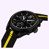 The Tissot Watches PR 100 Tour de France 2026 40mm (T1504173705700) by Tissot Watches is a sophisticated chronograph watch featuring a black dial with yellow accents, three subdials, and white hour markers. It comes with a black strap accented by a yellow stripe and is powered by precise Swiss Quartz movement.