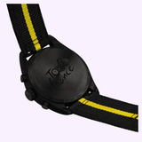 Close-up of the caseback of the Tissot Watches PR 100 Tour de France 2026 40mm T1504173705700, elegantly engraved with "Tour de France," paired with a black strap accented by a striking yellow stripe. This chronograph from Tissot Watches features precise Swiss Quartz movement, seamlessly blending distinctive style with reliable performance.