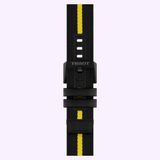 A black Tissot Watches strap with a striking yellow vertical stripe down the center, complete with a matching black buckle and two loops, is elegantly displayed on a light purple background—crafted to perfectly complement the dynamic style of the Tissot Watches PR 100 Tour de France 2026 40mm (reference T1504173705700) chronograph watch.