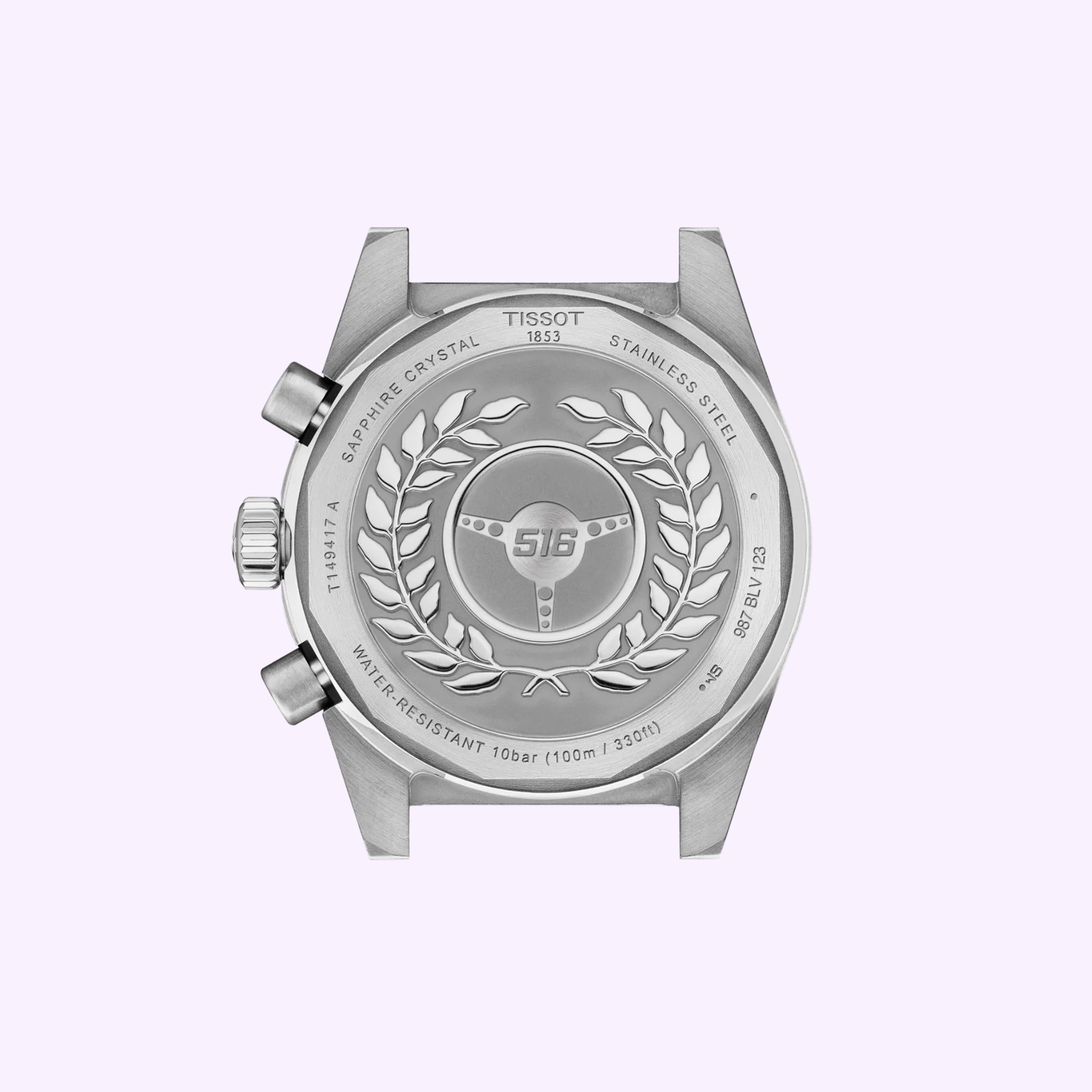 The back of the Tissot Watches PR516 40mm T1494171101100 features engraved laurels, a steering wheel with 