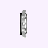 Side view of the Tissot Watches PR516 40mm T1494171101100’s stainless steel case, featuring a textured crown and two pushers. The watch face and strap are hidden, set against a plain light purple background—elegant detail from Tissot Watches.