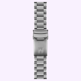 A Tissot Watches PR516 41mm (model T1494592105100) stainless steel bracelet with a fold-over clasp, showcasing a rectangular engraved logo at the center—evoking the signature design of Tissot Watches. Set against a light purple background.