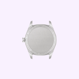 A silver case back from the Tissot Watches PRC 100 Solar 34mm (T1518222203100) is engraved with technical details such as “SOLAR POWERED,” featuring a left-positioned crown and four lugs, all set against a light purple background. This stainless steel Swiss quartz solar watch combines elegance with advanced functionality.