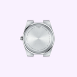 Silver watch case back with engraved text, crown on the left side, and no watch straps attached—an elegant detail from the Tissot Watches PRX 40mm T1374101140100 by Tissot Watches, displayed on a light purple background.