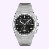 The Tissot Watches PRX 41mm T1374171105100, a silver chronograph watch from Tissot Watches, is displayed against a simple light background. Featuring a black dial with three sub-dials, silver hour markers, and a stainless steel bracelet, this elegant Swiss quartz chronograph captures the enduring style of a classic stainless steel timepiece.