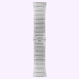 A silver metal Tissot Watches PRX 41mm T1374171105100 band with a brushed finish, featuring rectangular links and a clasp engraved with TISSOT 1853, displayed on a light purple background—the ideal accessory for your stainless steel timepiece or the iconic Tissot Watches PRX 41mm Chronograph.
