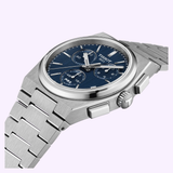 The Tissot Watches PRX 41mm T1374171105100, featuring a stainless steel case, silver-tone bracelet, and striking blue dial with three subdials, is displayed at an angle against a light background—highlighting the refined design and Swiss quartz chronograph precision of this Tissot Watches timepiece.