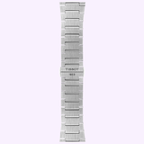 A stainless steel Tissot Watches PRX 41mm T1374171105100 band, featuring a brushed finish and a clasp engraved with TISSOT 1853, is displayed vertically on a light purple background—an elegant accessory crafted to perfectly complement the iconic Tissot Watches PRX 41mm or any other stainless steel timepiece from the renowned Swiss quartz chronograph collection.