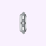 A silver mechanical component featuring a central grooved cylinder and rectangular side protrusions, evoking the refined precision of the Tissot Watches PRX 42mm T1374271104101 by Tissot Watches, displayed against a light purple background.