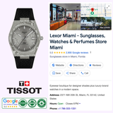 A Tissot Watches PRX Damascus Steel 38mm (T1378079608100) is displayed beside a Google business listing for Lexor Miami, which sells sunglasses, watches, and perfumes, including address, ratings, and store information.