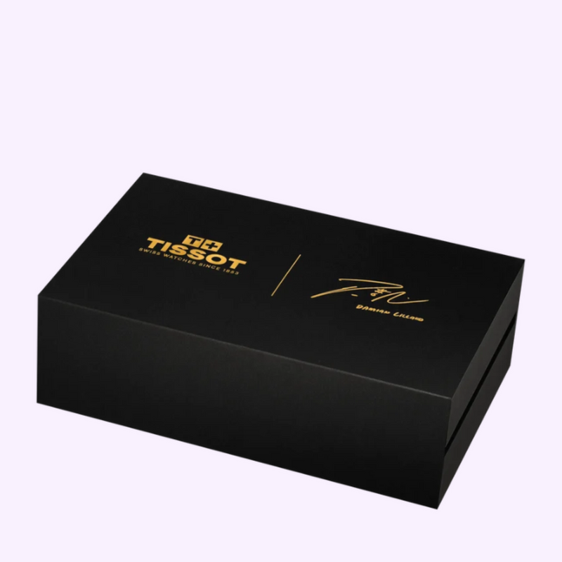 Tissot PRX Skeleton Damian Lillard Special Edition collector's box with gold lettering