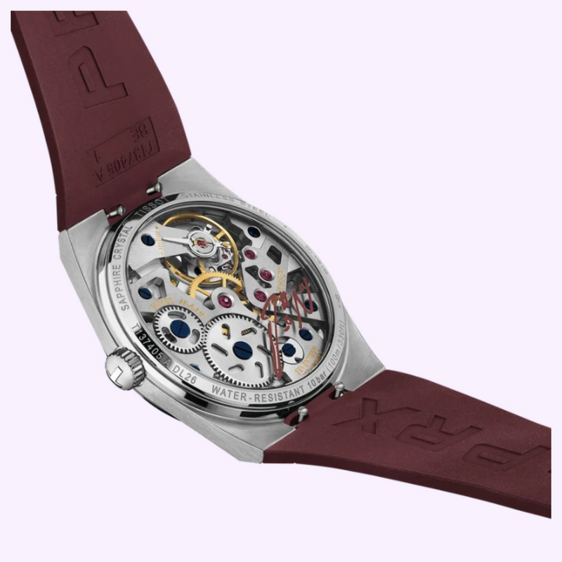 See-through sapphire case back of the Tissot PRX Skeleton Damian Lillard showing the hand-wound skeleton movement