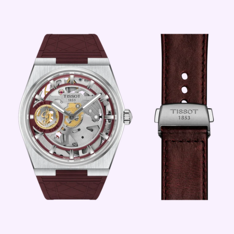 Tissot PRX Skeleton Damian Lillard on burgundy rubber strap shown with the matching second strap and steel clasp