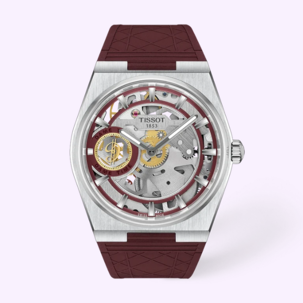 Tissot PRX Skeleton Damian Lillard Special Edition T137.405.17.371.00 watch with burgundy skeleton dial