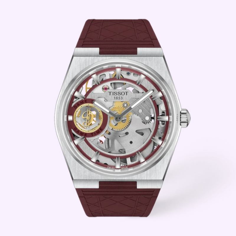 Tissot PRX Skeleton Damian Lillard Special Edition T1374051737100 with skeletonized dial, Dame Time inscription and burgundy rubber strap