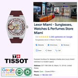 A Tissot Watches PRX T1374051737100 Skeleton Damian Lillard Special Edition with a silver case and dark red strap, shown next to a Lexor Miami store profile including business details, a map snippet, and customer ratings.